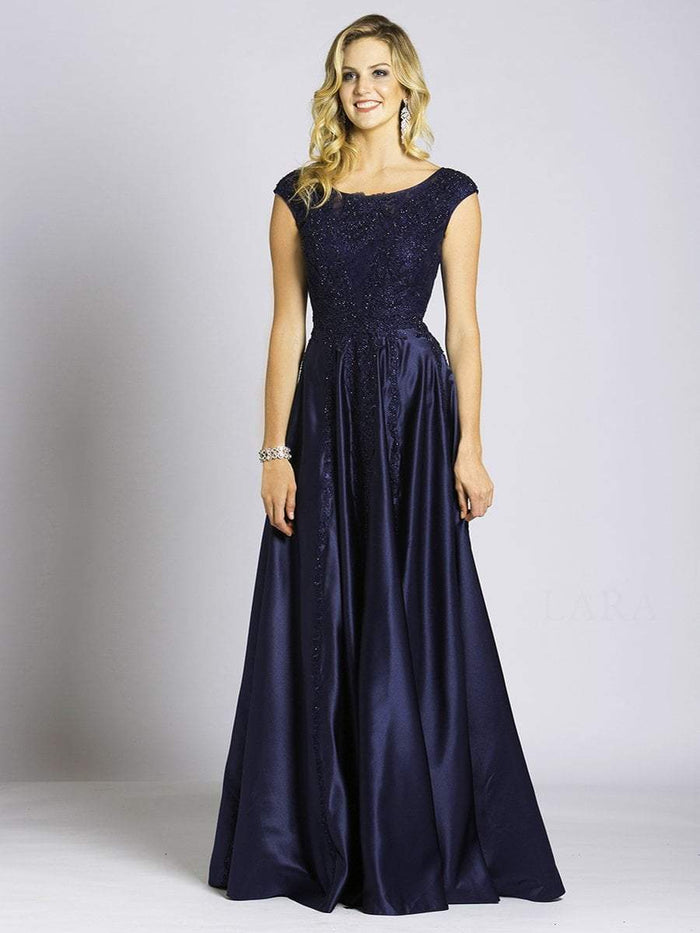 Lara Dresses - 33495 Beaded Scoop Neck and Cap Sleeves Evening Gown In Blue