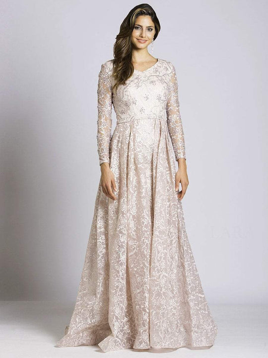 Lara Dresses - 33496 Embellished Long Sleeve A-Line Gown In Pink