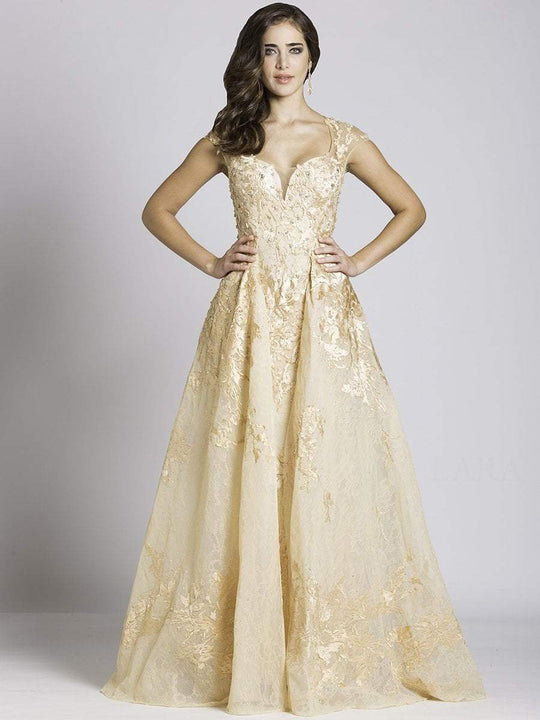 Lara Dresses - 33497 Floral Applique Sweetheart Evening Gown in Neutral and Yellow