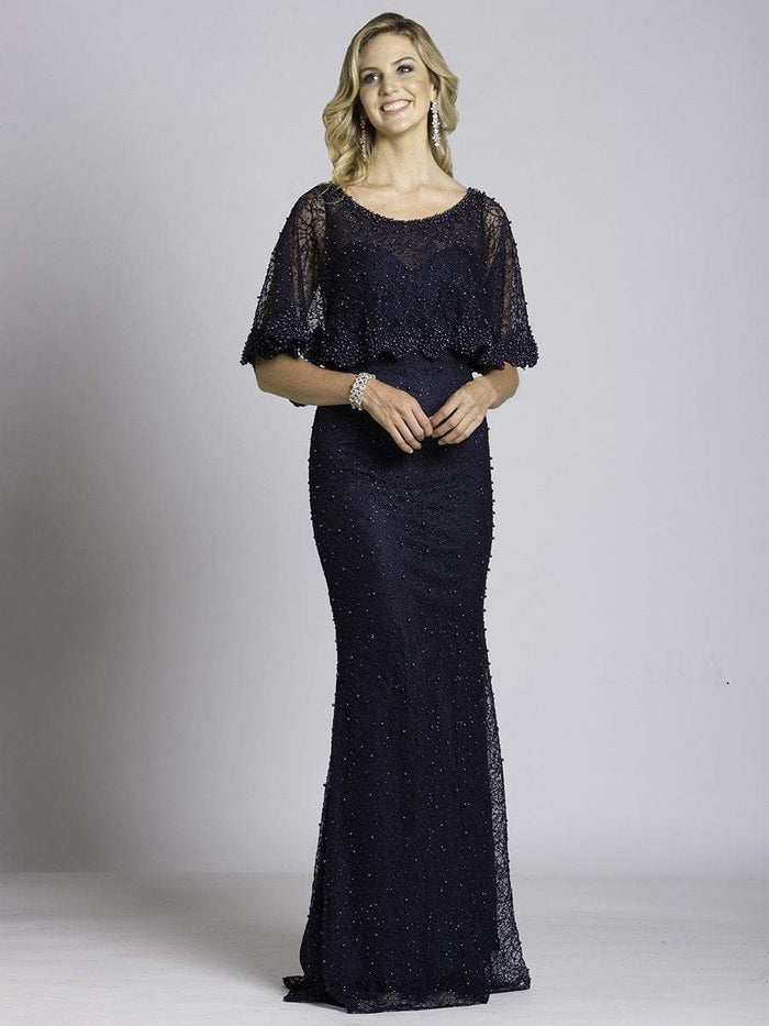 Lara Dresses - 33498 Scoop Capelet Overlay Evening Gown In Blue