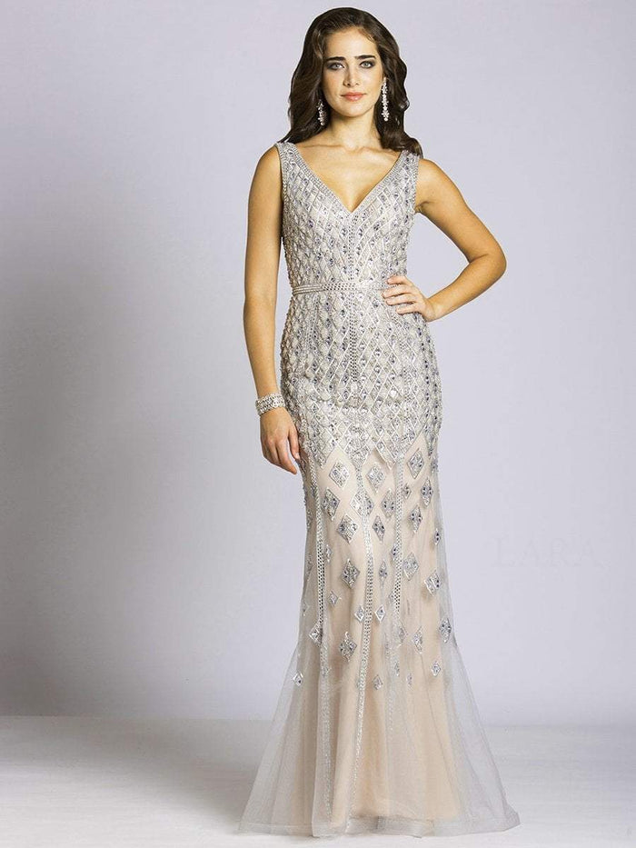 Lara Dresses - 33521 Crystal Embellished V Neck Evening Gown In Silver