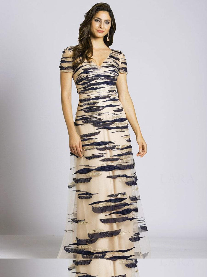 Lara Dresses - 33523 Embellished V-neck A-line Dress In Nude and Navy