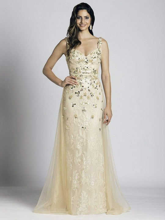 Lara Dresses - 33528 Embellished V-neck A-line Dress In Champagne