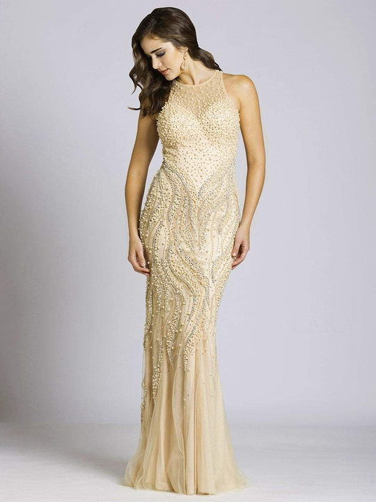 Lara Dresses - 33534 Embellished Illusion Halter Sheath Dress In Champagne