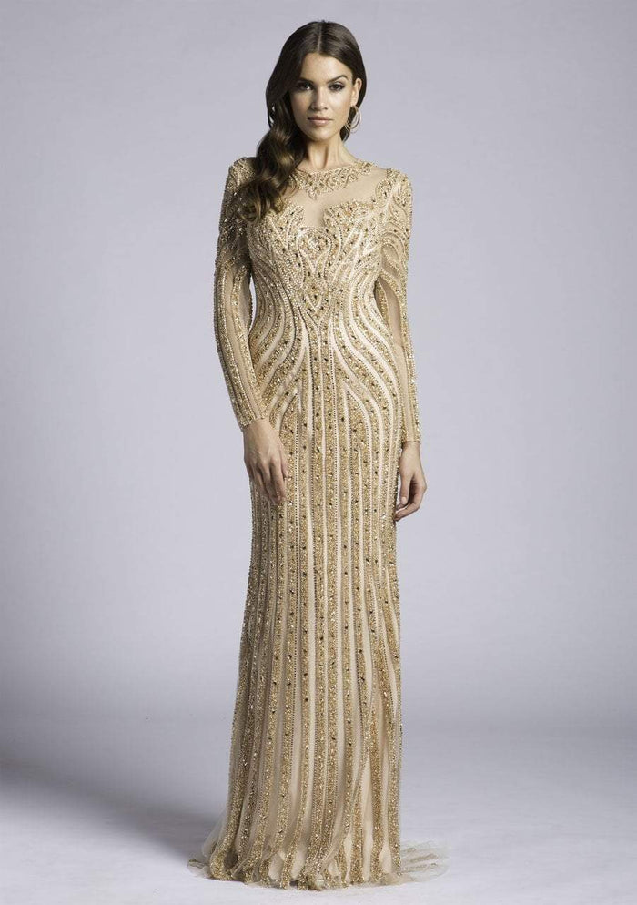 Lara Dresses - 33539 Bedazzled Illusion Jewel Sheath Dress In Neutral