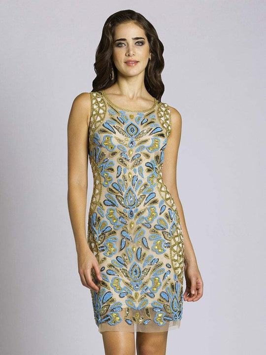 Lara Dresses - 33546 Embellished Scoop Neck Short Dress  In Gold and Blue