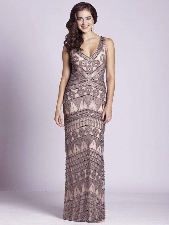 Lara Dresses - 33551 V-Neck Beaded Sheath Evening Gown in Neutral