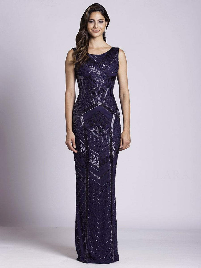 Lara Dresses - 33552 Scoop Neck Beaded Sheath Gown In Blue