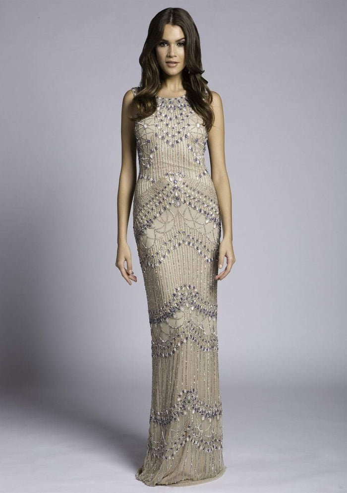 Lara Dresses - 33562 Embellished Jewel Neck Sheath Dress In Neutral