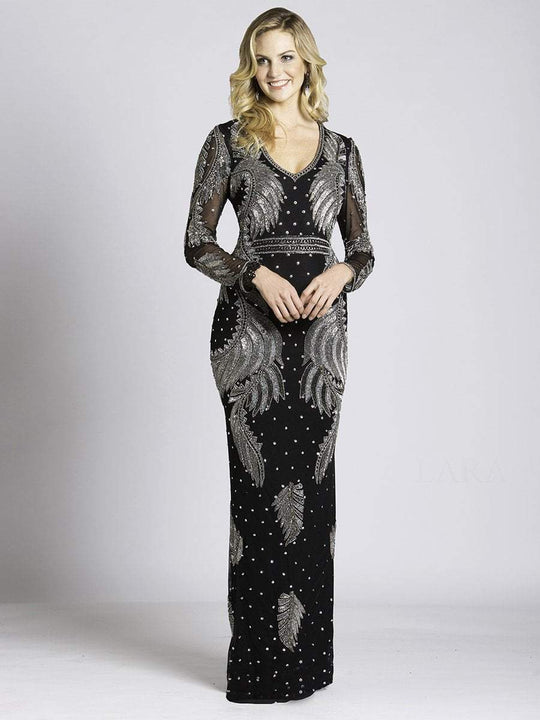 Lara Dresses - 33563 Sheer Long Sleeve Evening Gown In Black and Silver