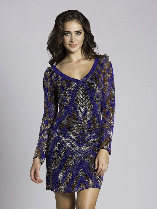 Lara Dresses - 33580 Long Sleeve Beaded Contrast Mini Dress In Blue and Multi-Color
