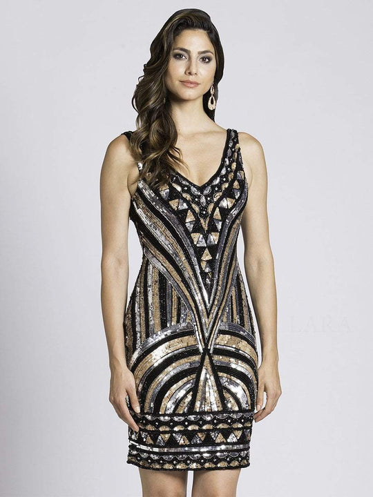 Lara Dresses - 33581 V-Neck Sequined Print Short Dress In Black and Multi-Color