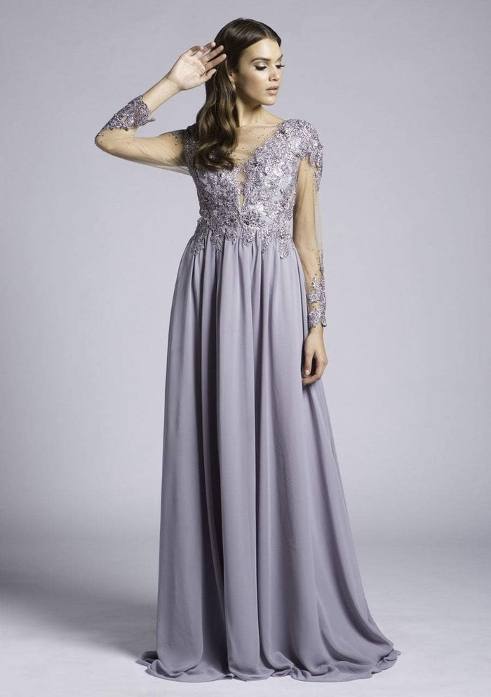 Lara Dresses - 33595 Beaded Lace Illusion Bateau A-line Dress In Gray