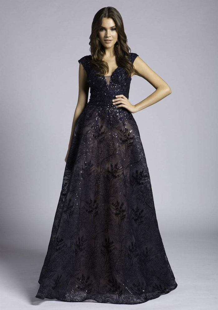 Lara Dresses - 33598 Beaded Lace Deep V-neck A-line Dress In Blue