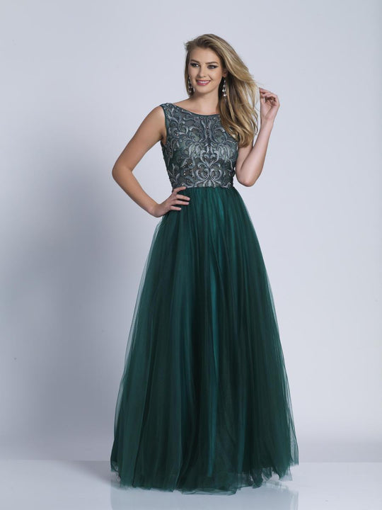 Dave & Johnny - 3359W Embellished Bateau Neck A-line Dress in Green