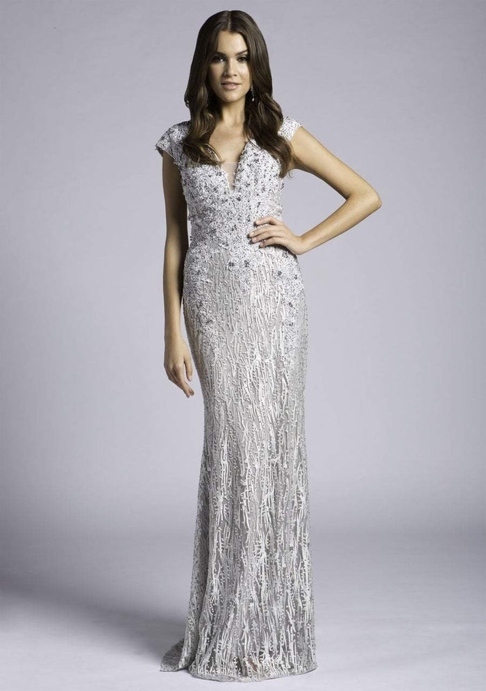 Lara Dresses - 33603 Embellished Deep V-neck Sheath Dress In Silver