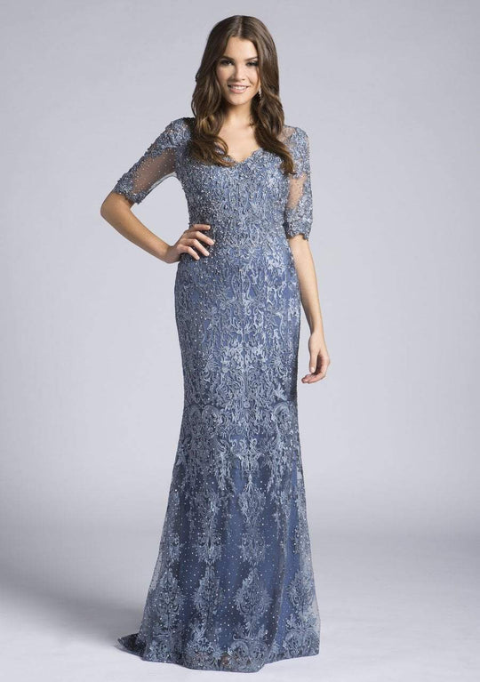 Lara Dresses - 33604 Quarter Sleeve Pearl Sprinkled Lace Sheath Gown In Blue