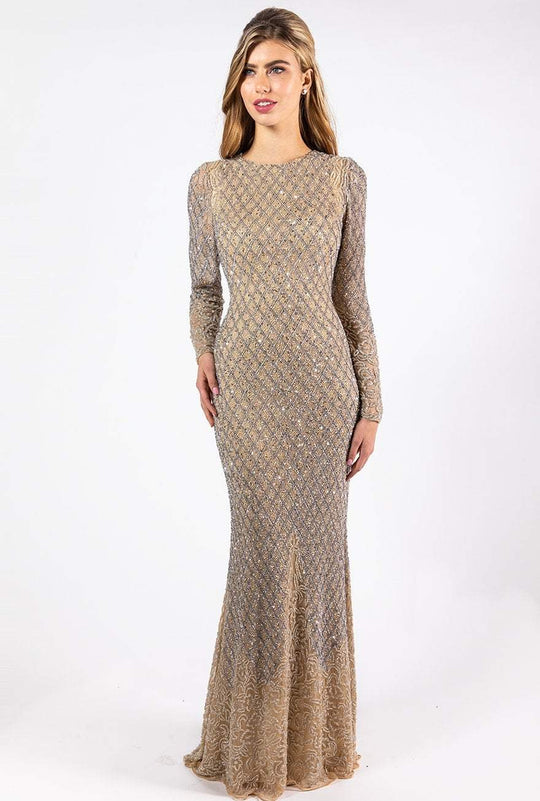 Primavera Couture - 3361 Embellished Long Sleeve Sheath Dress In Neutral