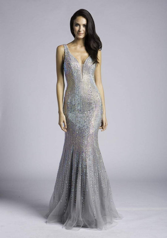 Lara Dresses - 33615 Plunging V-Neck Crystalline Trumpet Gown In Silver