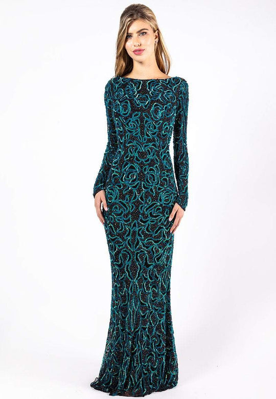 Primavera Couture - 3362 Two Tone Embellished Long Sleeve Bateau Dress In Black and Green