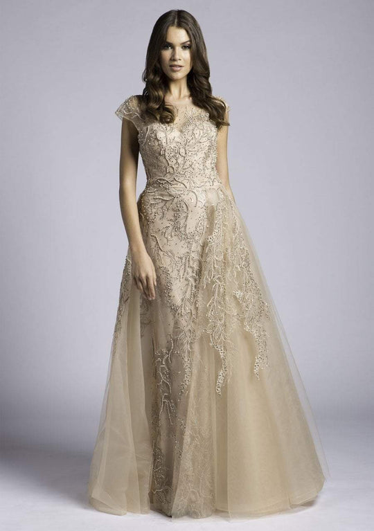 Lara Dresses - 33621 Sheer Cap Sleeve Beaded A-line Gown In Gold