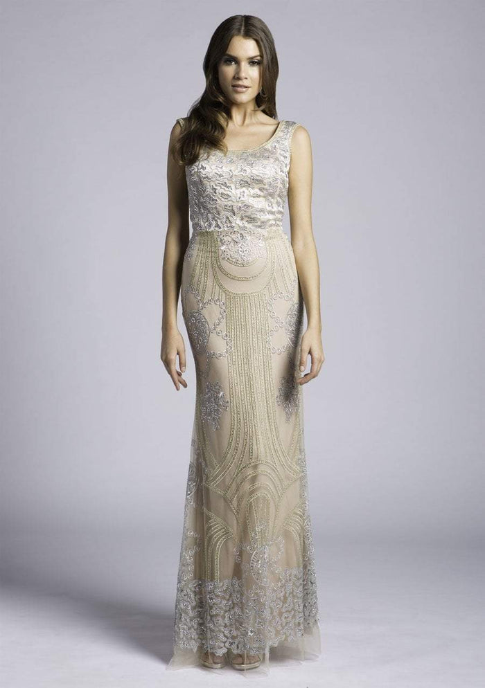 Lara Dresses - 33622 Scoop Neck Embellished Sheath Gown In Silver and Neutral