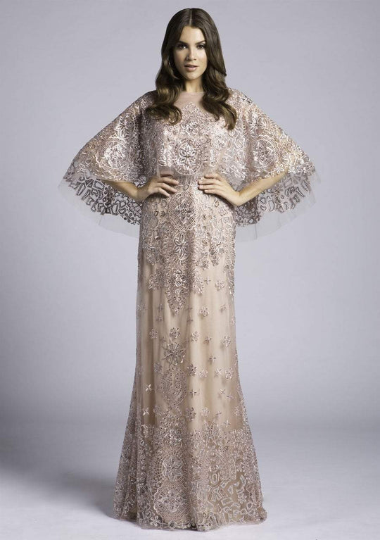 Lara Dresses - 33623 Caped Flutter Sleeves Illusion Lace Gown In Pink