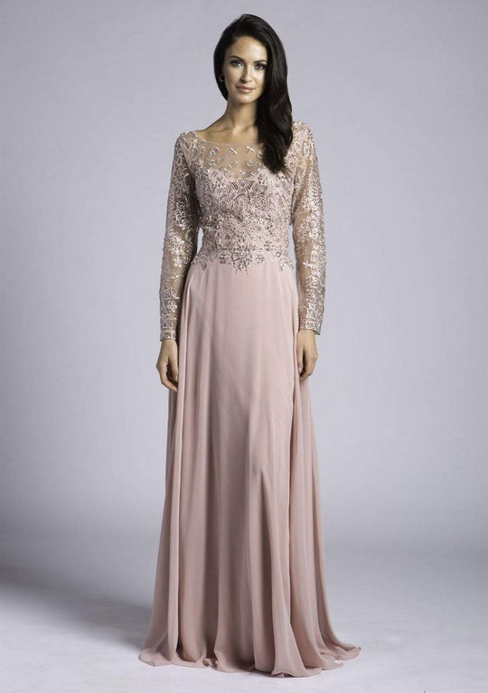 Lara Dresses - 33625 Sheer Long Sleeved Embellished Gown In Pink