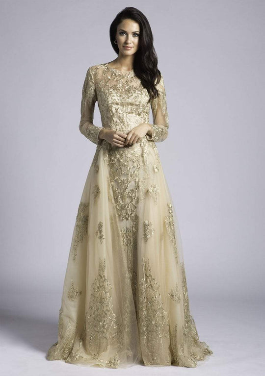 Lara Dresses - 33626 Sheer Long Sleeved Gown with Open Overskirt In Gold