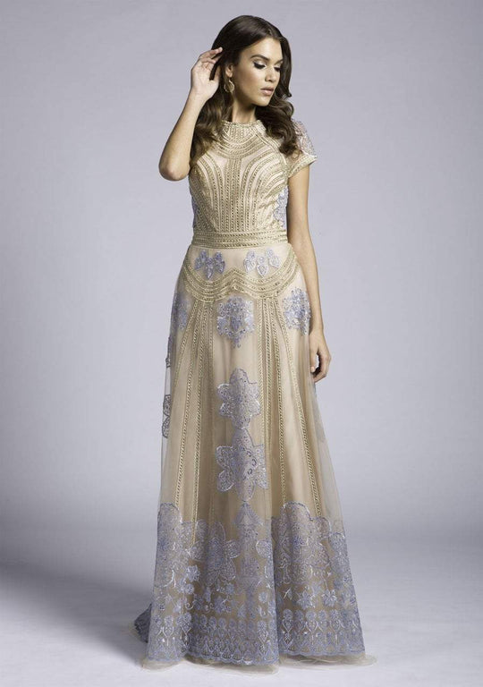 Lara Dresses - 33627 Mesh Short Sleeves Beaded A-line Gown In Blue and Neutral