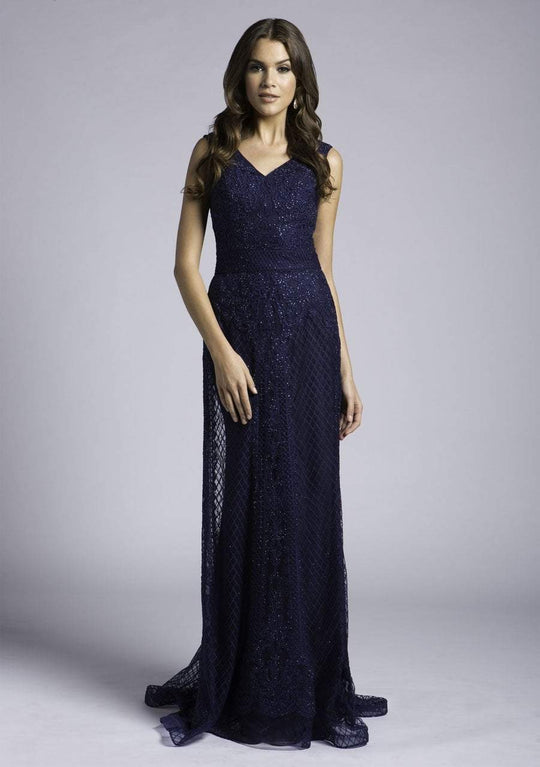 Lara Dresses - 33628 V-neck Beaded Sheath Gown In Blue