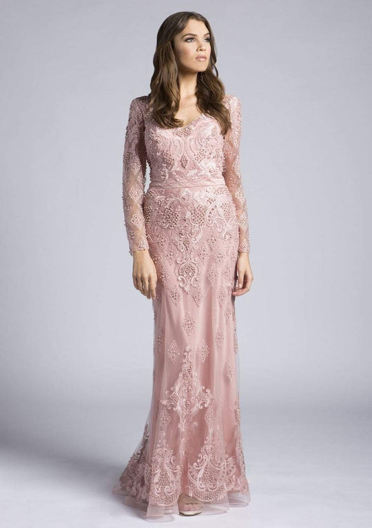 Lara Dresses - 33631 V-neck Embellished Sheath Gown In Pink
