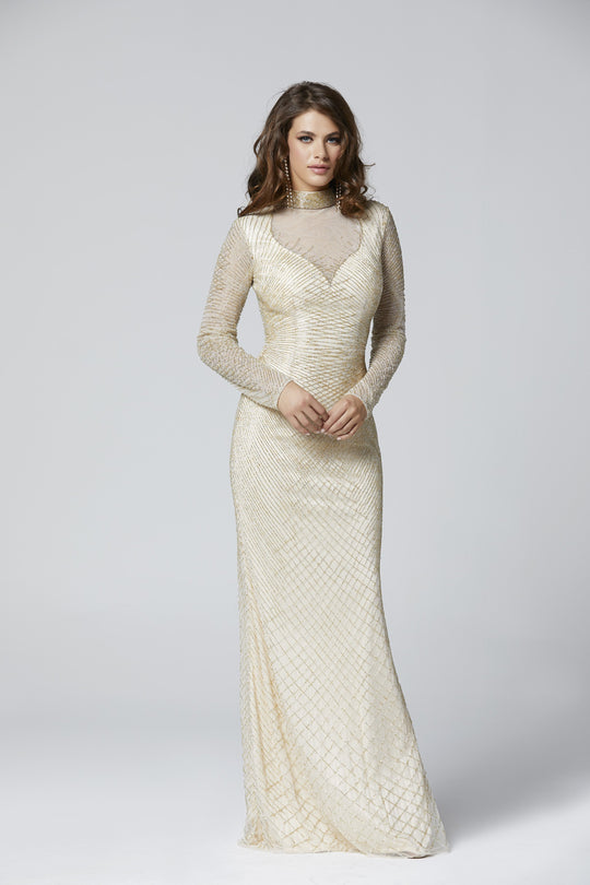 Primavera Couture - 3370 Beaded Long Sleeve High Neck Sheath Dress In Neutral and Gold