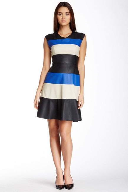 Muse - M2507M Sleeveless Faux Leather Stripe Dress in Black and Blue