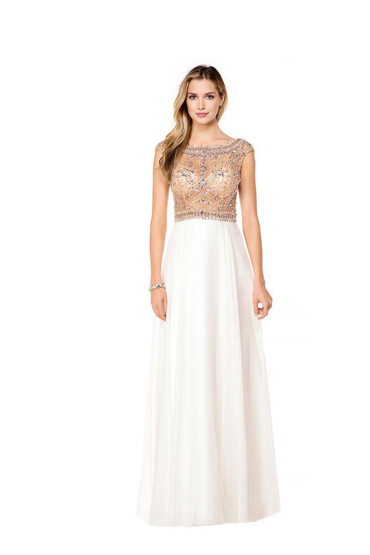 Glow by Colors - G337 Glittering Illusion Bejeweled Long Gown in White and Neutral