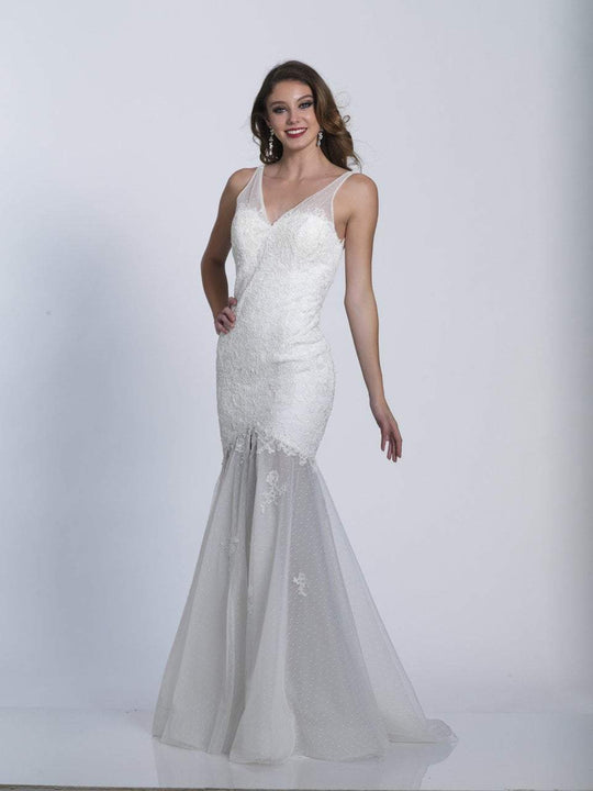 Dave & Johnny - 3384 Floral Lace Adorned Trumpet Gown in White