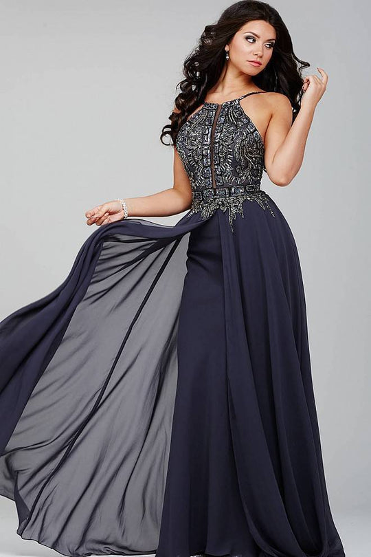 Beaded Illusion High Neck Chiffon A-line Gown 33851