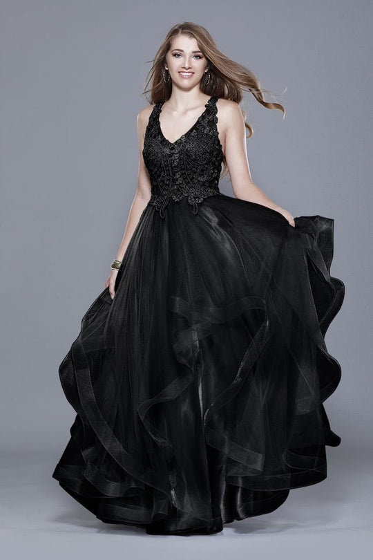 Shail K - 33906 Embellished V-neck Tulle A-line Dress In Black