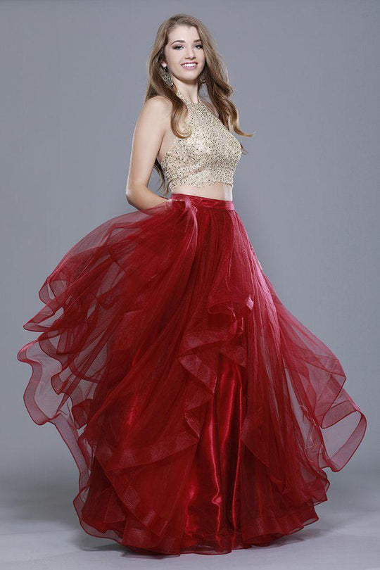 Shail K - 33907 Beaded Halter Neck Two-Piece A-line Gown In Red