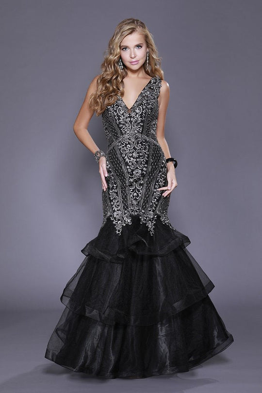 Shail K - 33910 Sleeveless Lace Embellished Tulle Mermaid Gown In Black