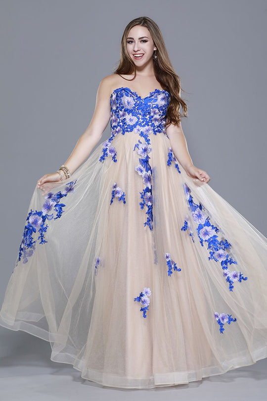 Shail K - 33911 Floral Appliqued Strapless Dress In Neutral and Blue