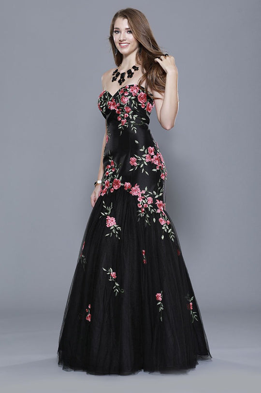 Shail K - 33912 Strapless Floral Trumpet Gown In Black and Multi-Color