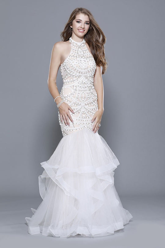 Shail K - 33915 Embellished High Halter Mermaid Gown In White