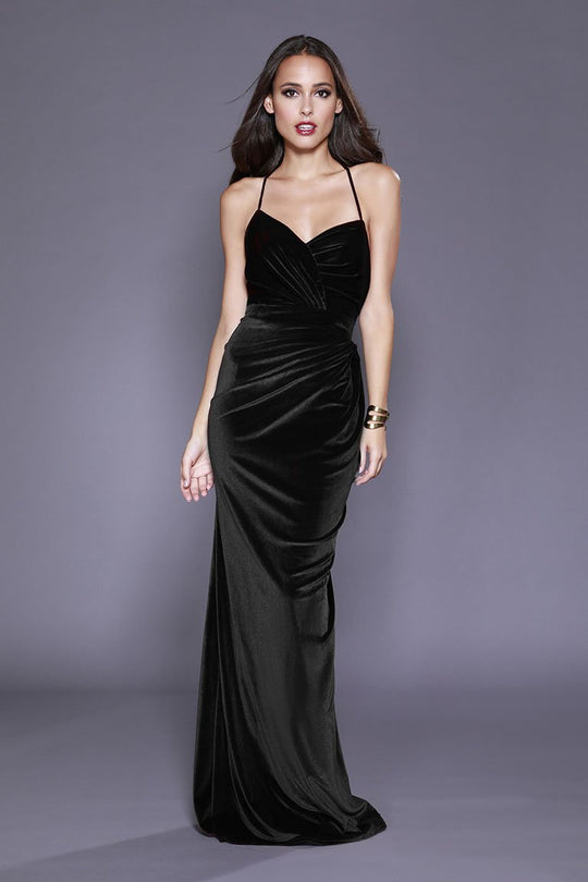 Shail K - 33928 Draped Velvet Bodice Sheath Gown In Black