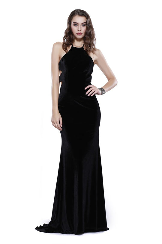 Shail K - 33931 High Halter Lace-Up Velvet Sheath Gown In Black