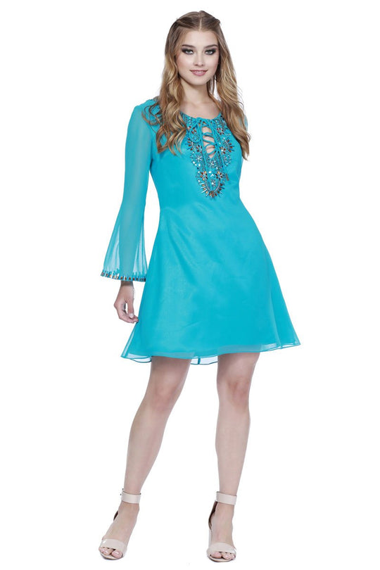 Shail K - 21114 Beaded Tulle A-line Cocktail Dress in Blue and Green
