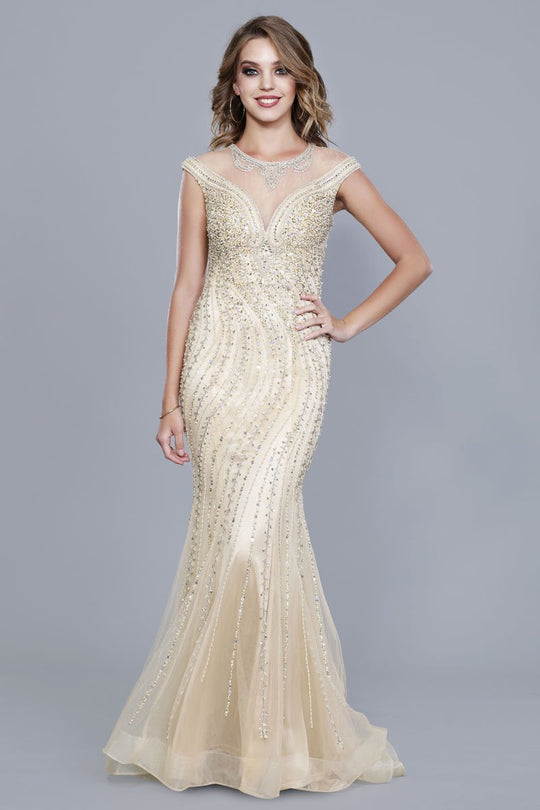 Shail K - 33942 Sequined Illusion Jewel Evening Gown in Gold