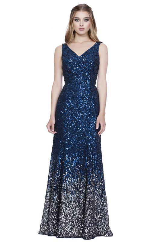 Shail K - 12163 All Over  Sequin Embellished Ombre Evening Dress in Blue and Silver