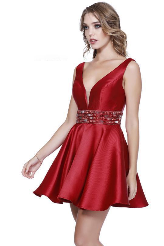 Shail K - 33949 Sleeveless V Neckline Jewel Ornate Belt Cocktail Dress in Red