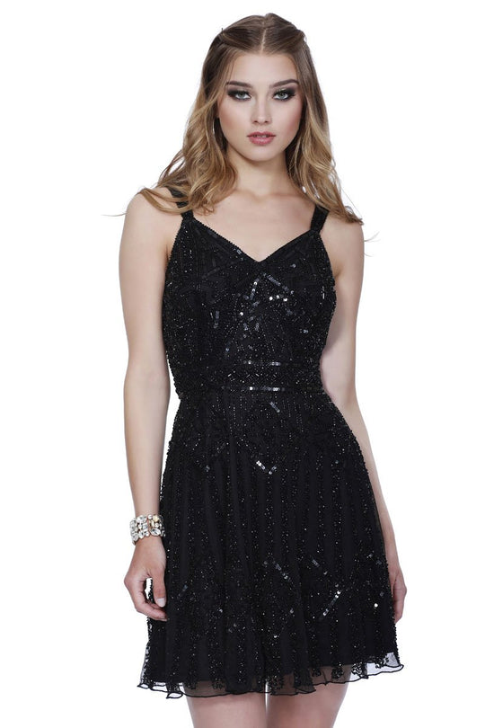 Shail K - 12180 Sequined V-neck Tulle A-line Dress in Black